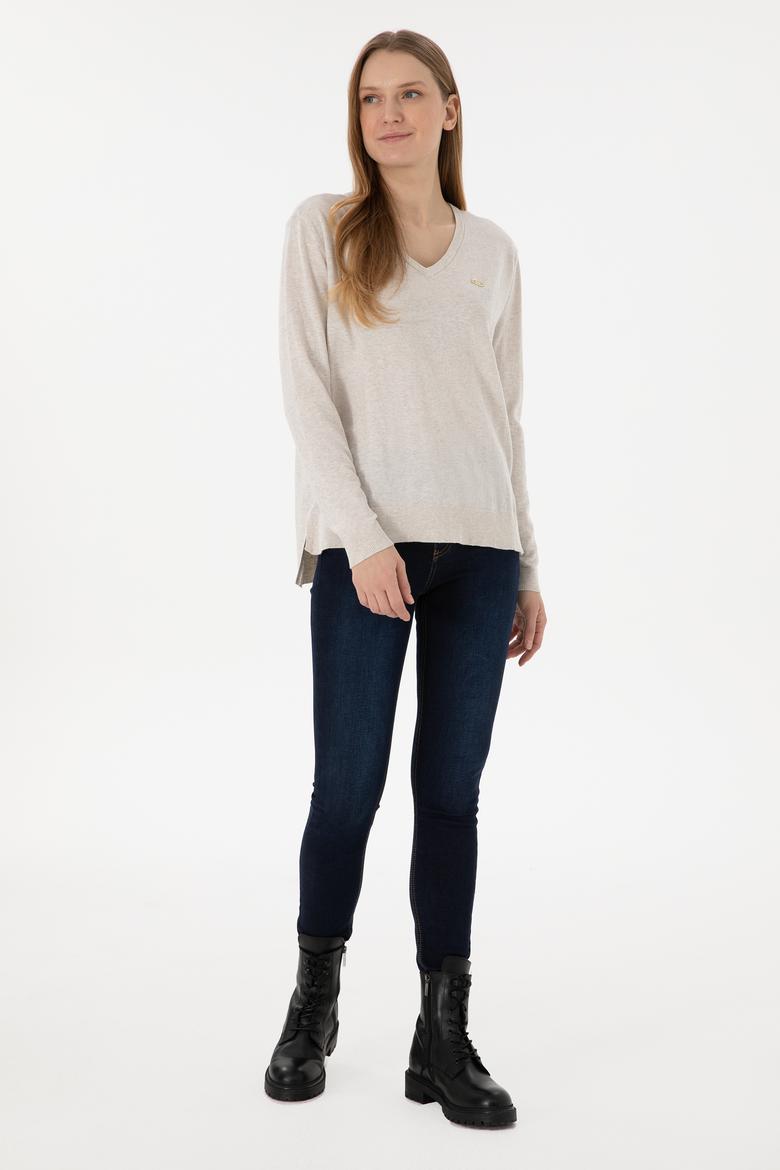 Kadın Taş Melanj V Yaka Basic Kazak - 50293543039