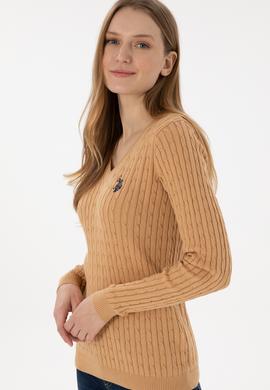 Kadın Camel V Yaka Basic Kazak - 50293561062