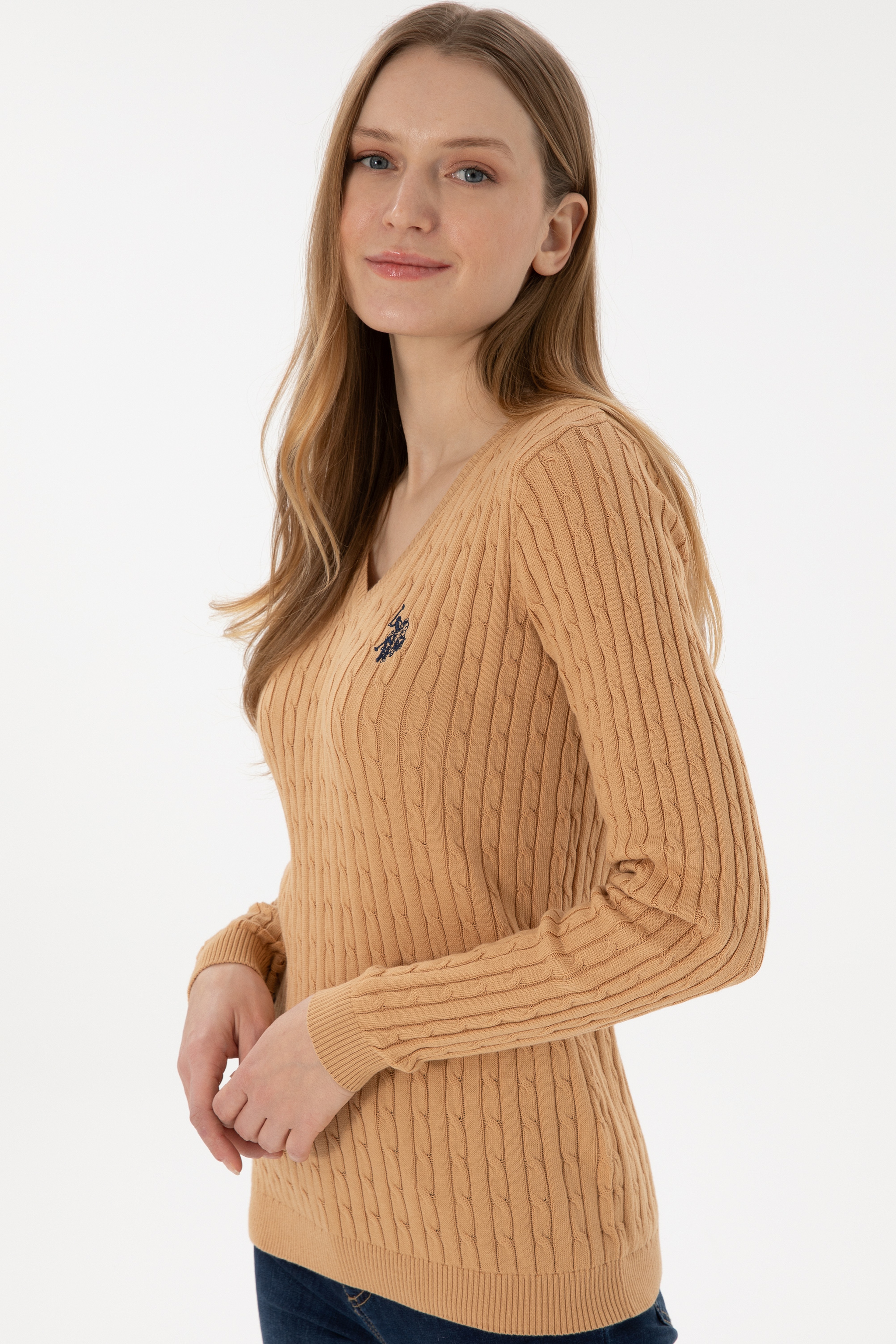 Kadın Camel V Yaka Basic Kazak - Image 3