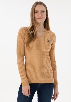 Kadın Camel V Yaka Basic Kazak - 50293561062