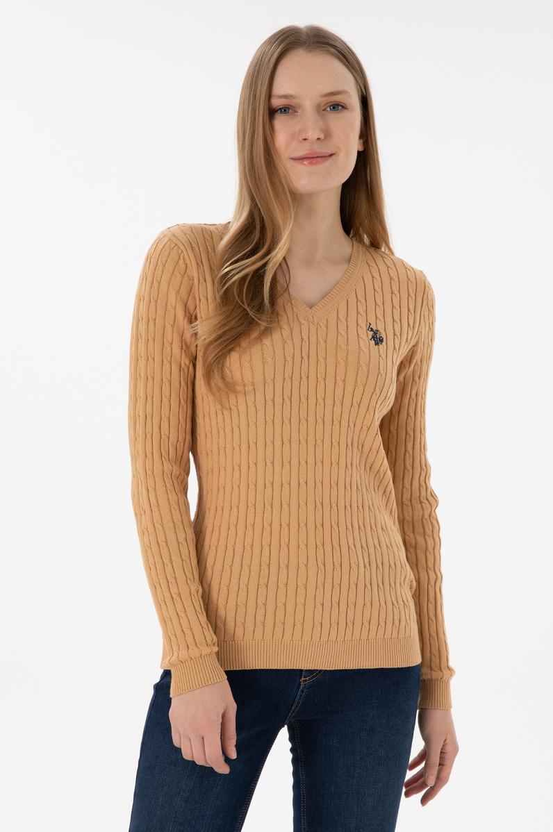 Kadın Camel V Yaka Basic Kazak