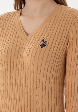 Kadın Camel V Yaka Basic Kazak - 50293561062