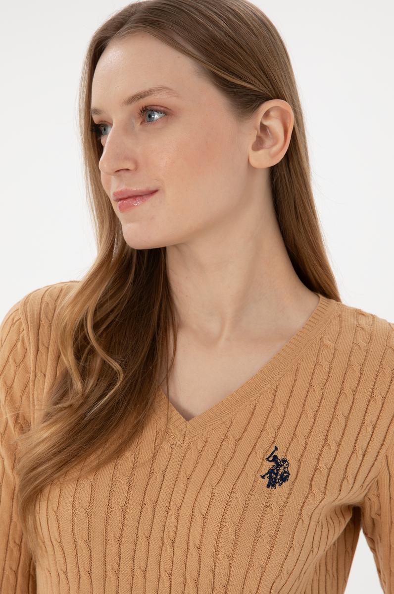 Kadın Camel V Yaka Basic Kazak