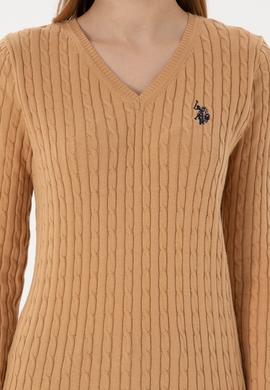 Kadın Camel V Yaka Basic Kazak - 50293561062