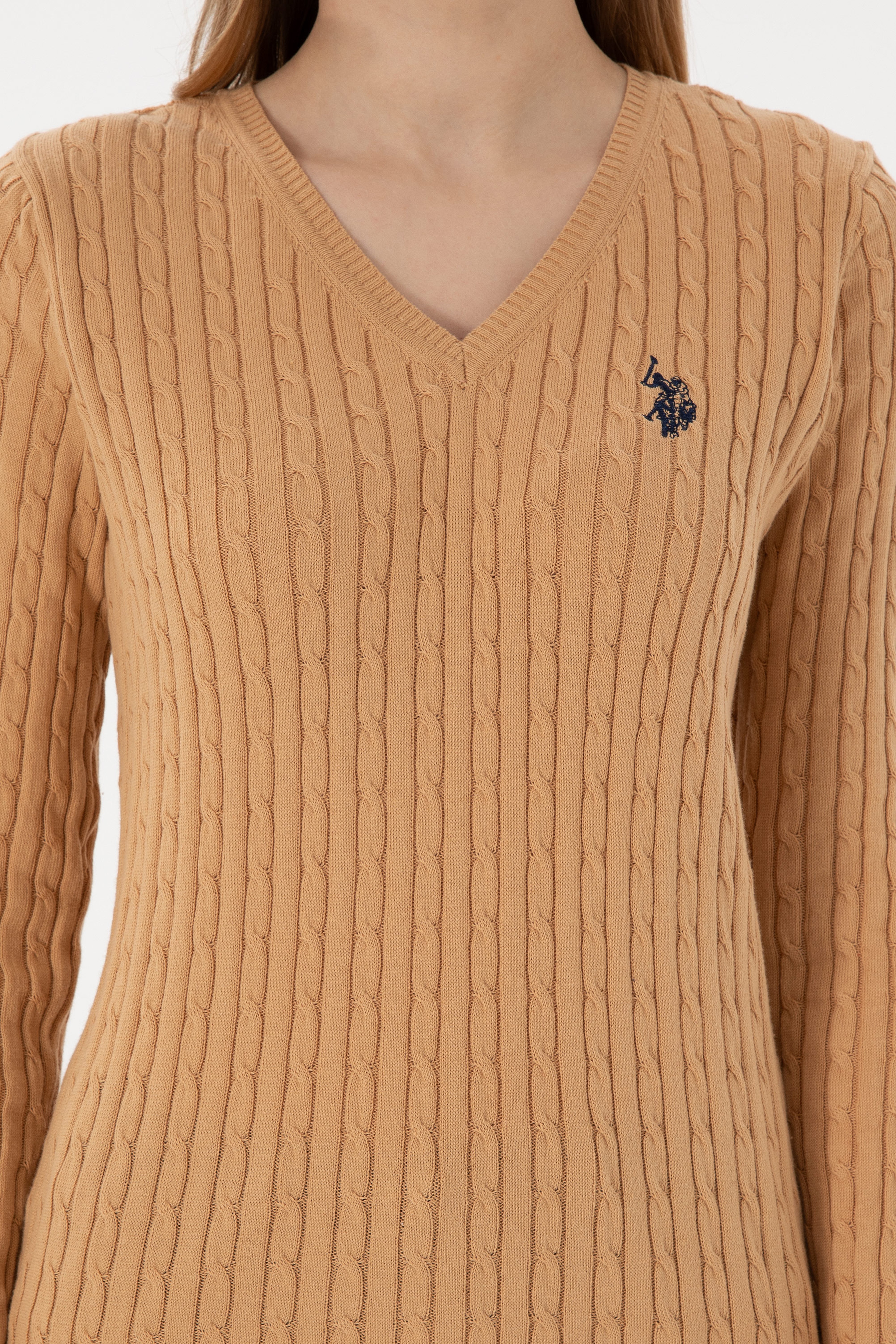 Kadın Camel V Yaka Basic Kazak