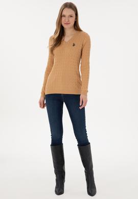 Kadın Camel V Yaka Basic Kazak - 50293561062