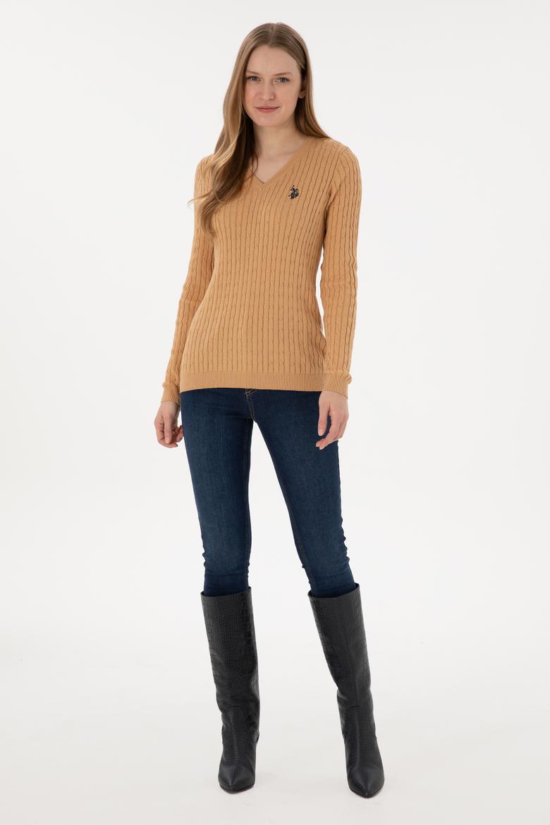 Kadın Camel V Yaka Basic Kazak - 50293561062