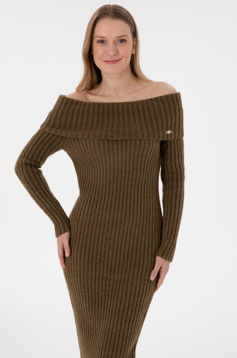 Kadın Haki Midi Boy Triko Elbise