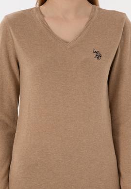 Kadın Camel Melanj V Yaka Basic Kazak - 50251903087