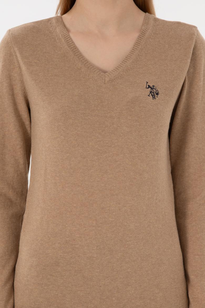 Kadın Camel Melanj V Yaka Basic Kazak - 50251903087