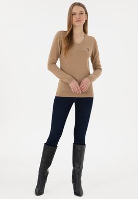 Kadın Camel Melanj V Yaka Basic Kazak - 50251903087