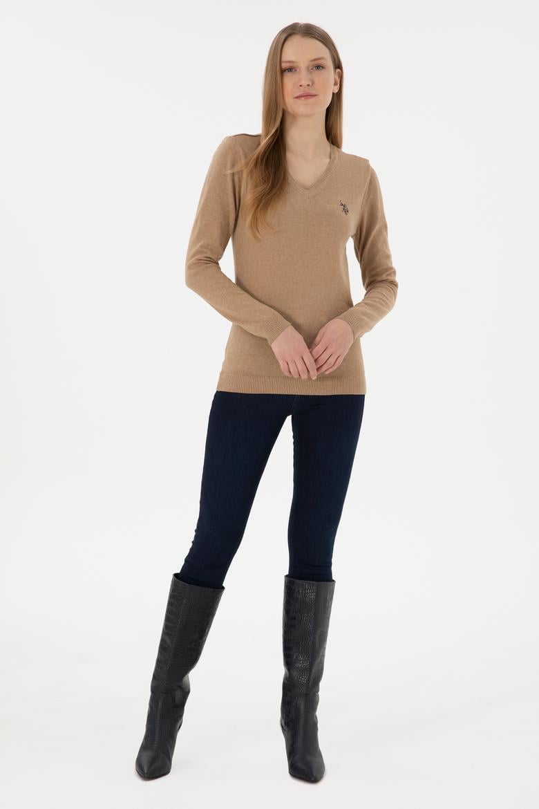 Kadın Camel Melanj V Yaka Basic Kazak - 50251903087