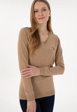 Kadın Camel Melanj V Yaka Basic Kazak - 50251903087