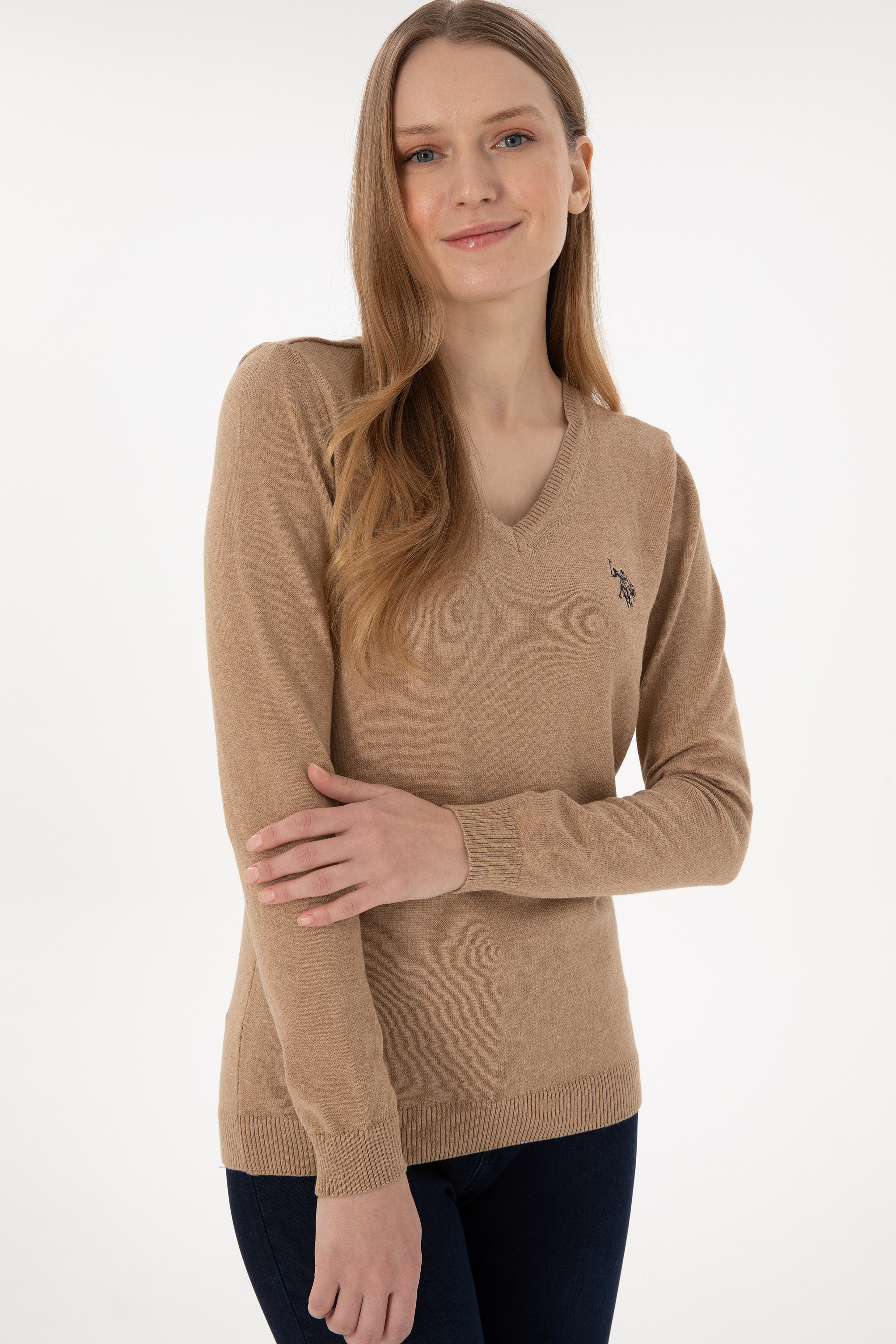 Kadın Camel Melanj V Yaka Basic Kazak - Image 3