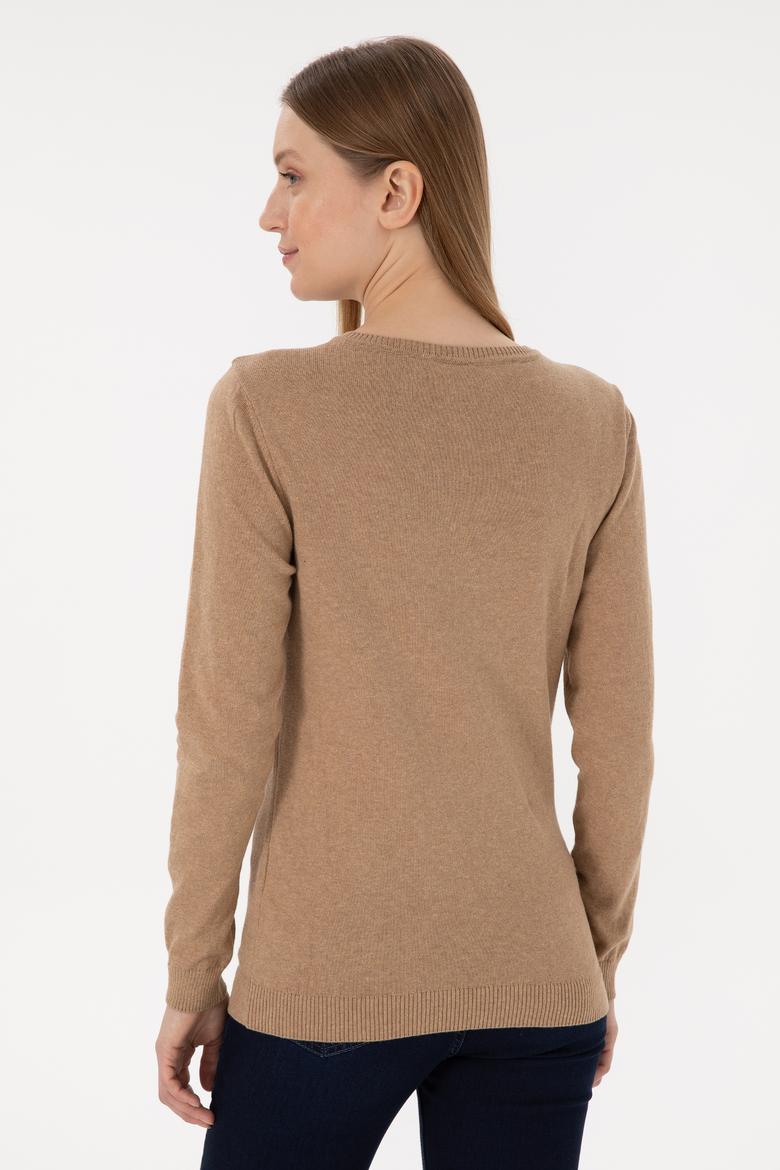 Kadın Camel Melanj V Yaka Basic Kazak - 50251903087