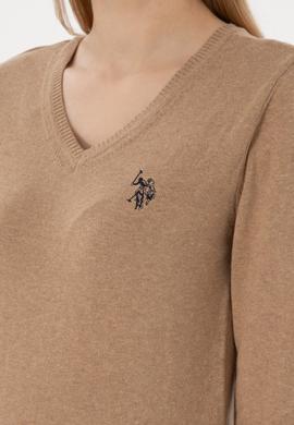 Kadın Camel Melanj V Yaka Basic Kazak - 50251903087