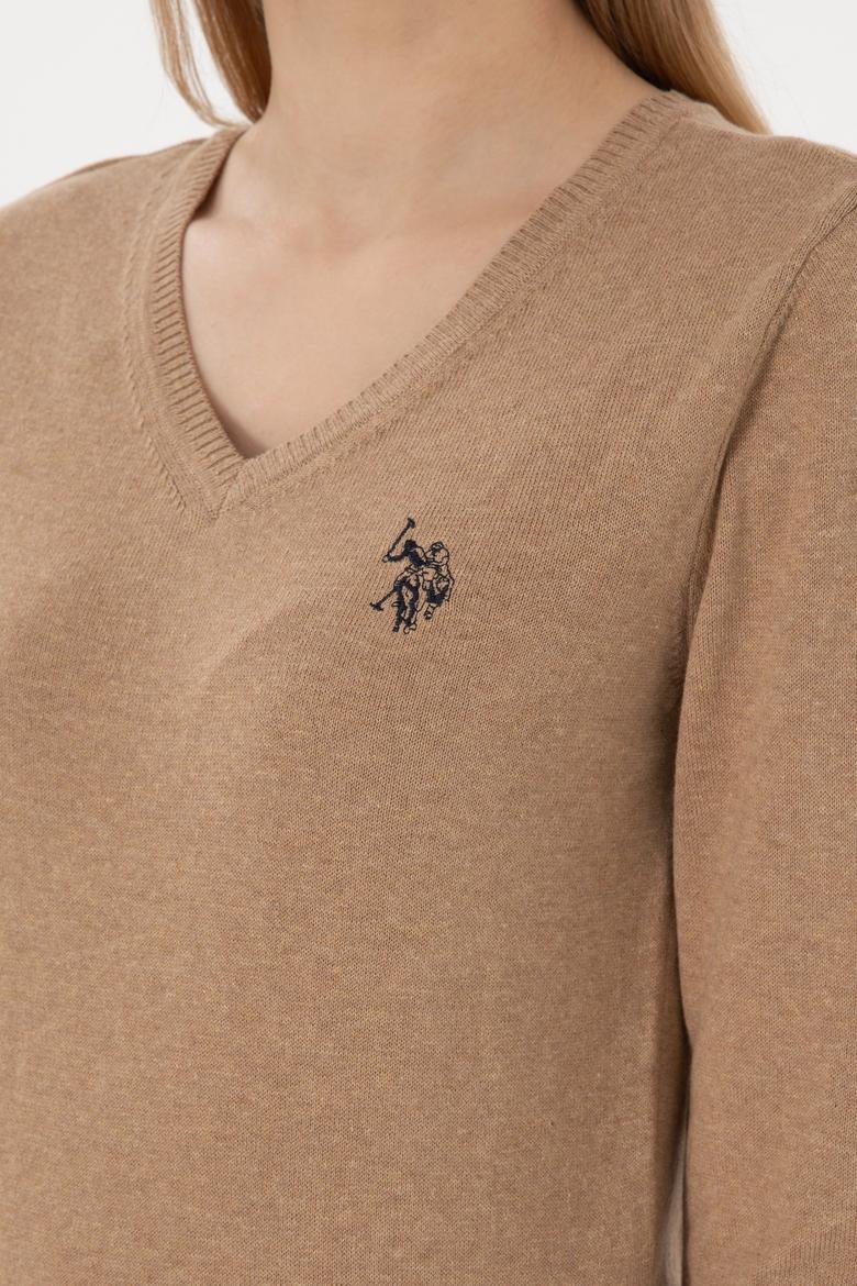 Kadın Camel Melanj V Yaka Basic Kazak - 50251903087