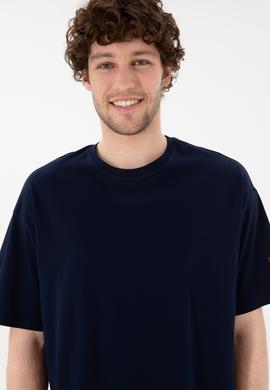 Erkek Oversize Fit Bisiklet Yaka Lacivert Tişört - 50305859020