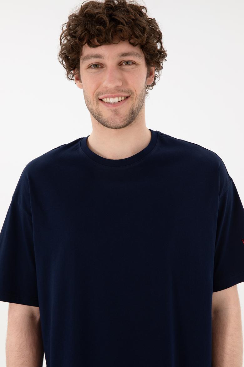 Erkek Oversize Fit Bisiklet Yaka Lacivert Tişört - 50305859020