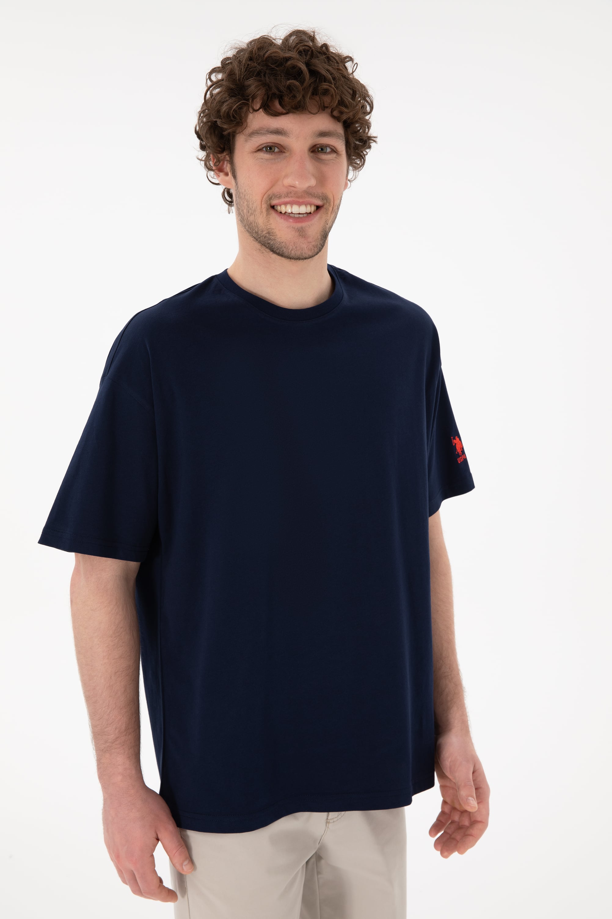 Erkek Oversize Fit Bisiklet Yaka Lacivert Tişört - Image 4
