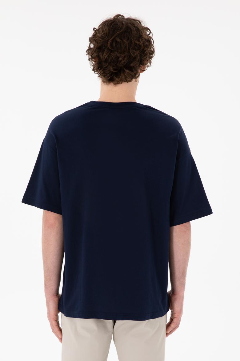 Erkek Oversize Fit Bisiklet Yaka Lacivert Tişört - 50305859020