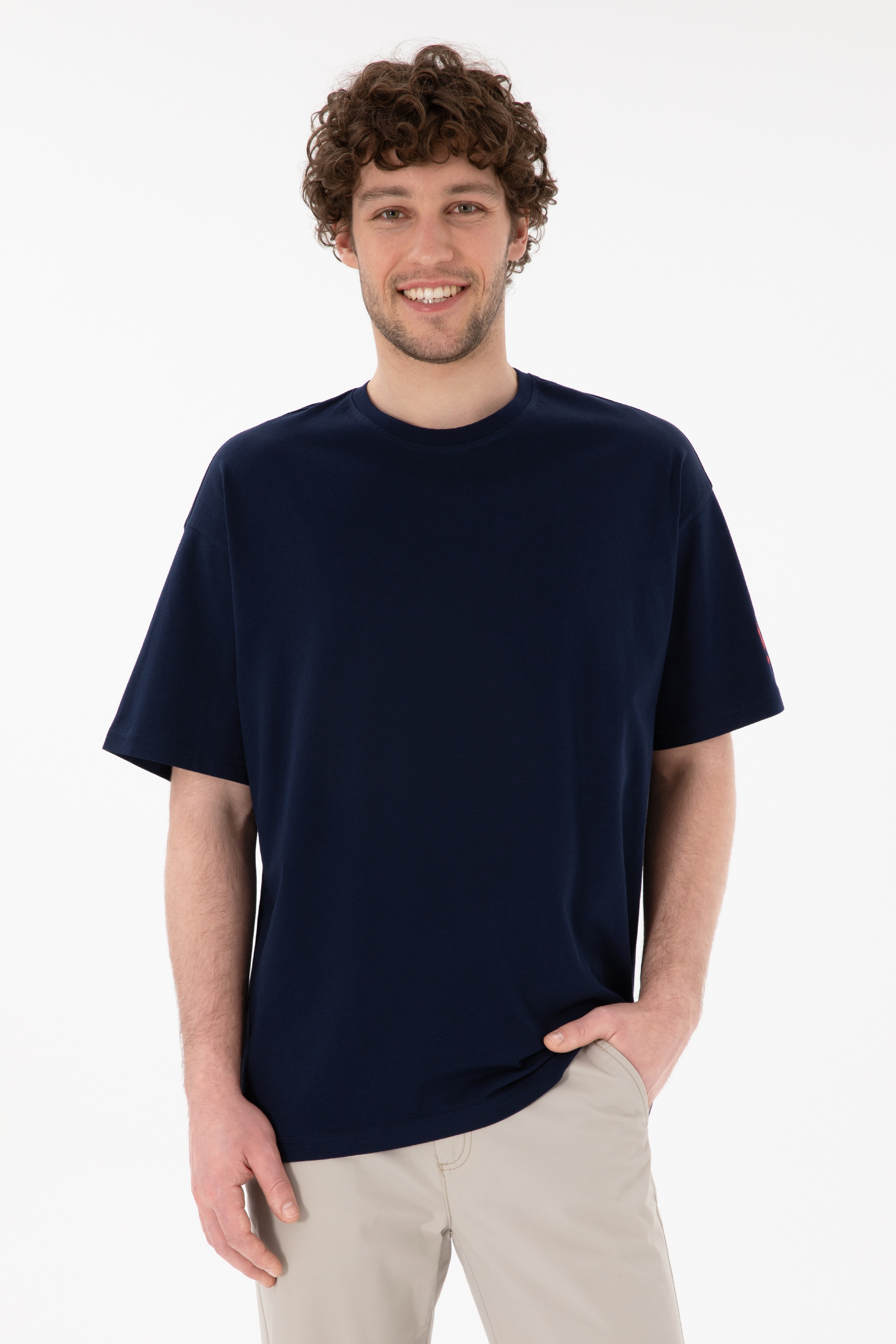 Erkek Oversize Fit Bisiklet Yaka Lacivert Tişört - Image 1