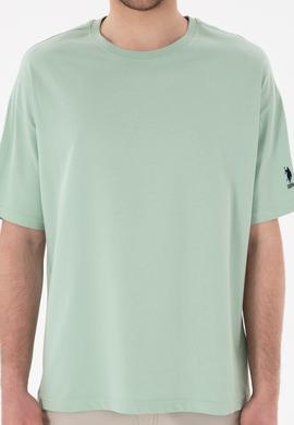 Erkek Oversize Fit Bisiklet Yaka Su Yeşili Tişört - 50305859107