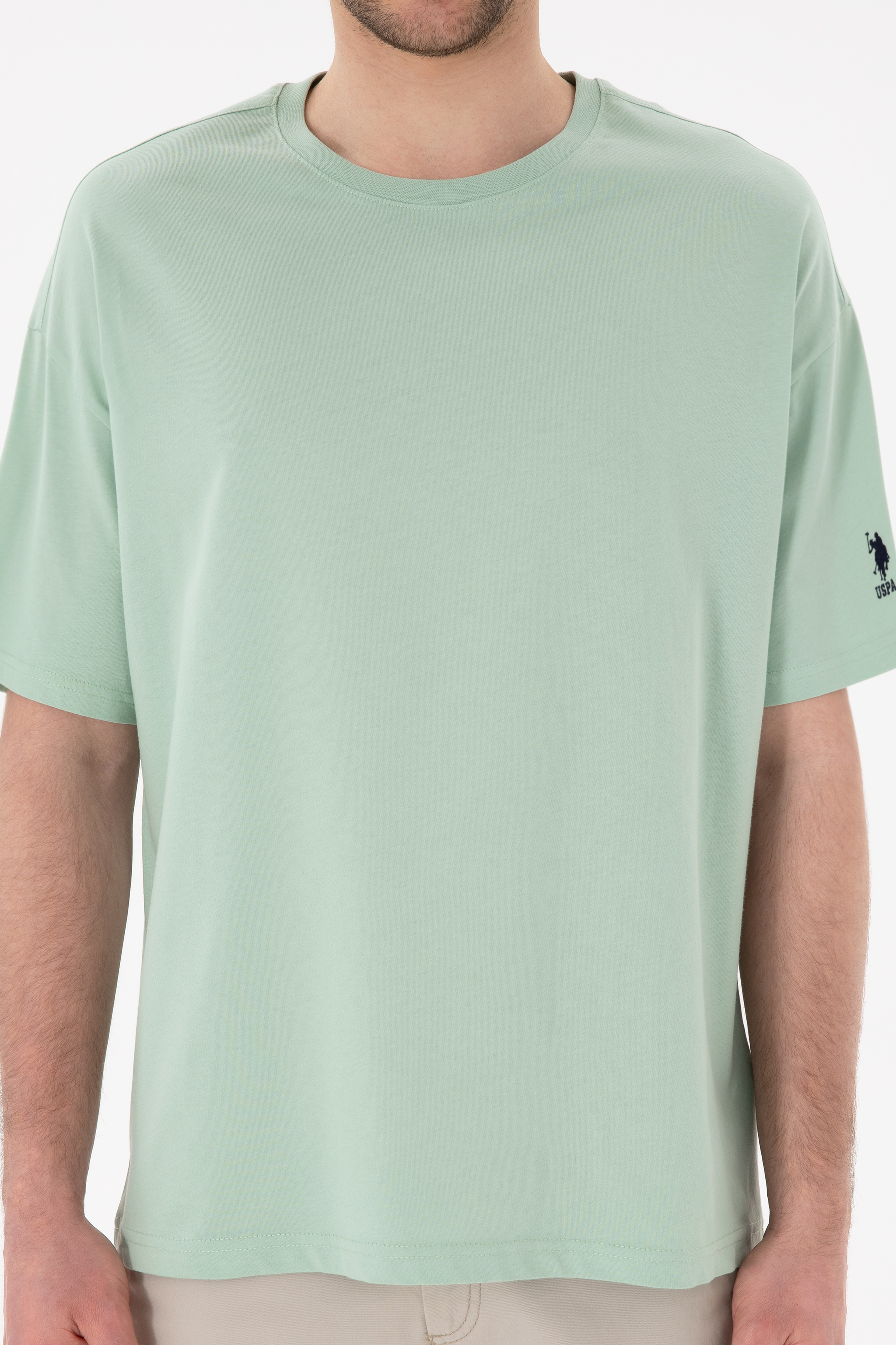 Erkek Oversize Fit Bisiklet Yaka Su Yeşili Tişört - Image 7