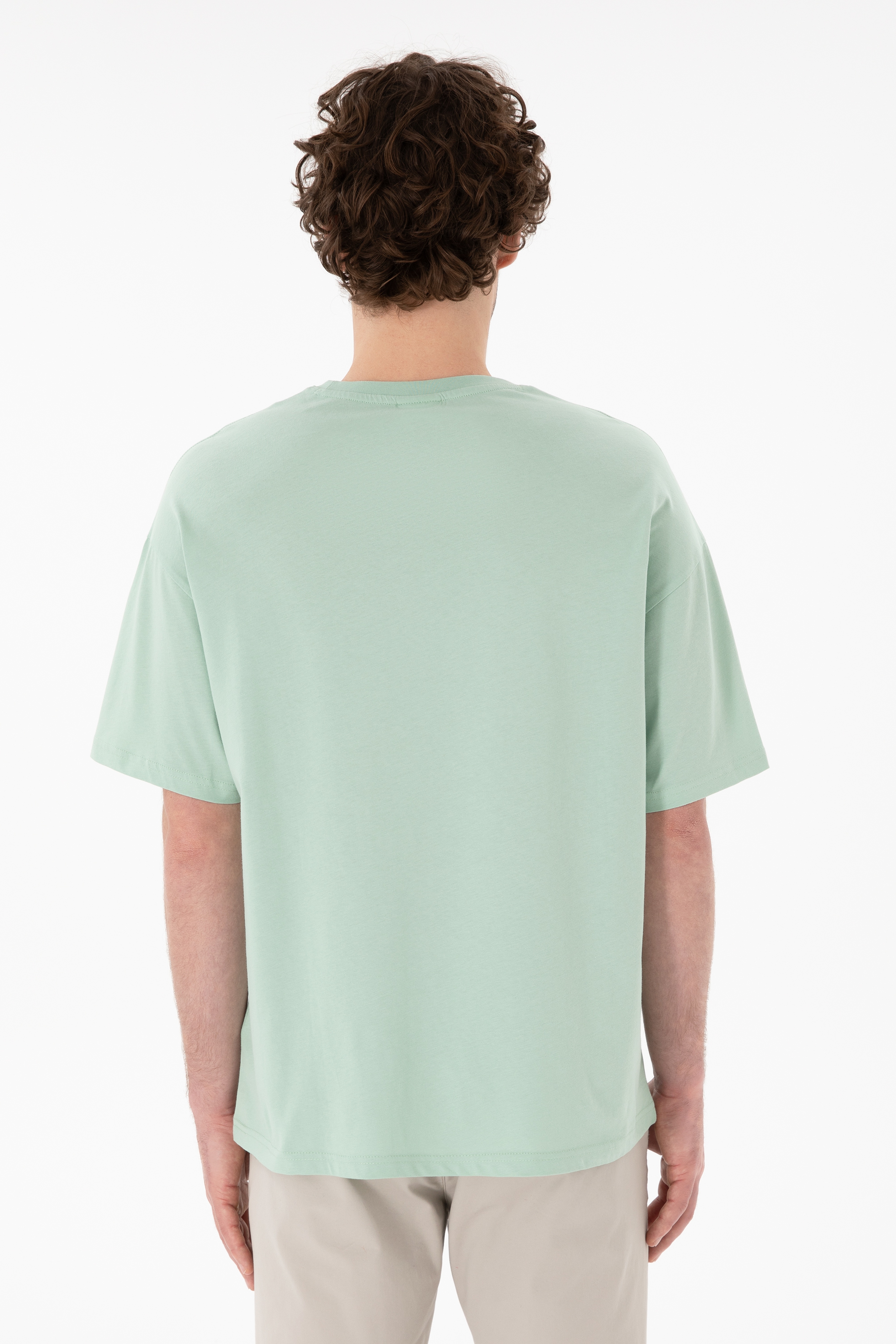 Erkek Oversize Fit Bisiklet Yaka Su Yeşili Tişört - Image 6