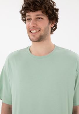 Erkek Oversize Fit Bisiklet Yaka Su Yeşili Tişört - 50305859107