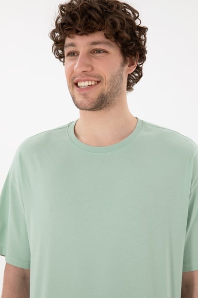 Erkek Oversize Fit Bisiklet Yaka Su Yeşili Tişört