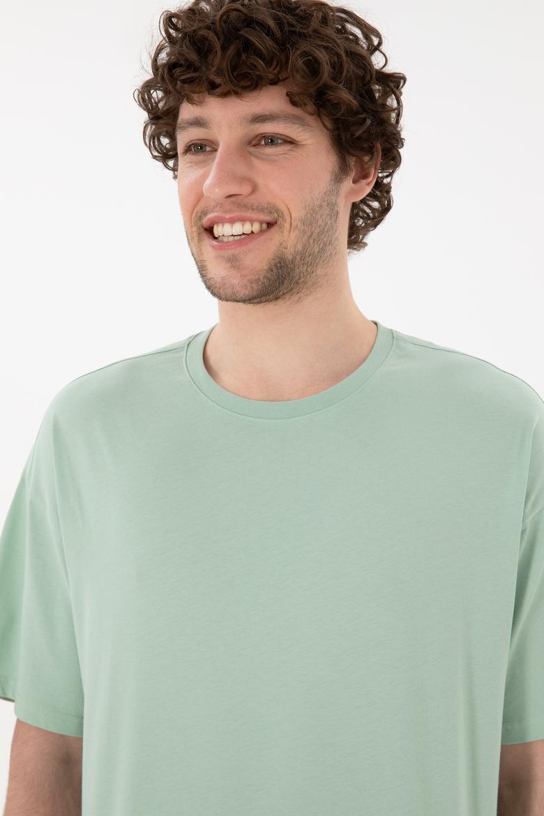 Erkek Oversize Fit Bisiklet Yaka Su Yeşili Tişört - 50305859107