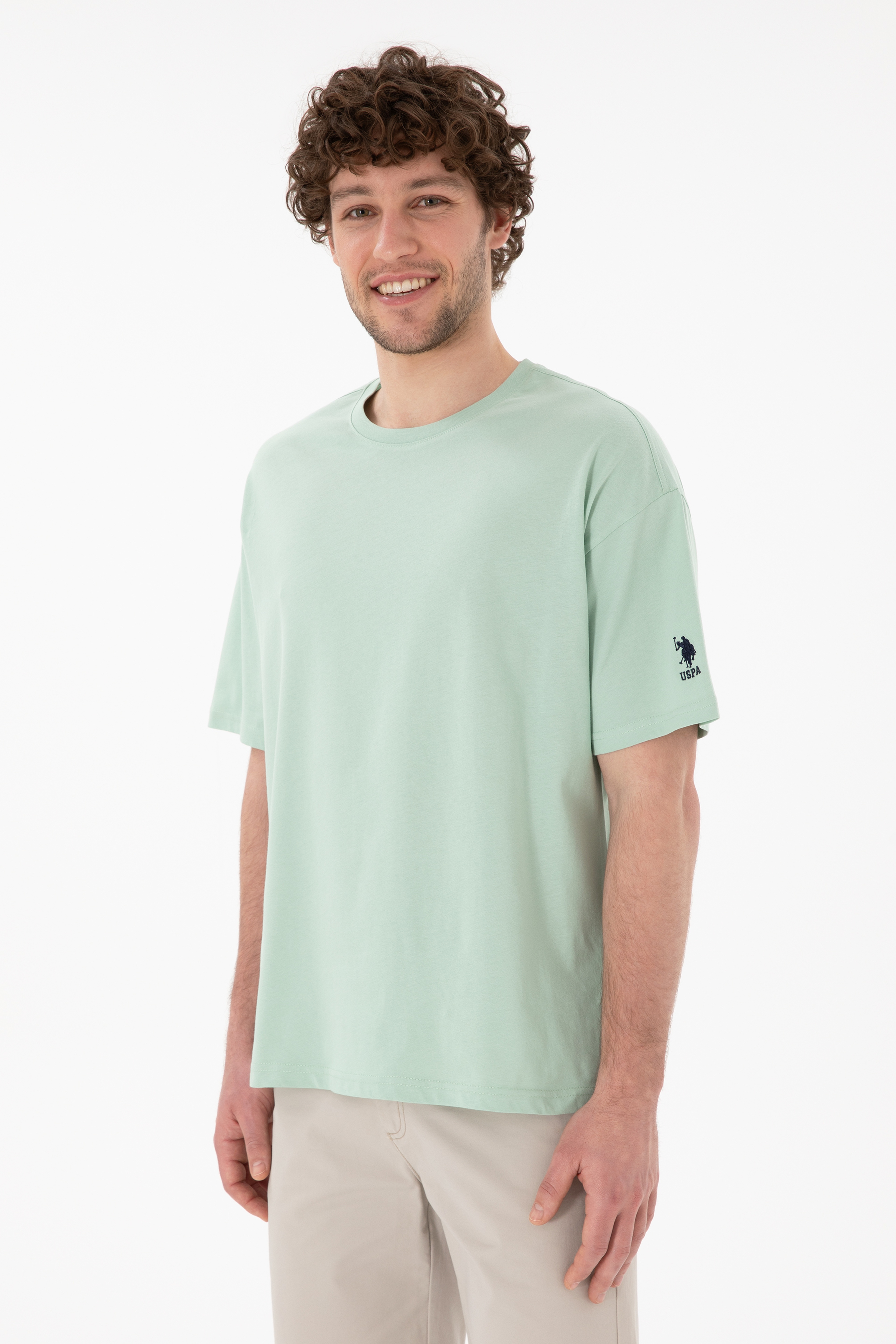 Erkek Oversize Fit Bisiklet Yaka Su Yeşili Tişört - Image 4