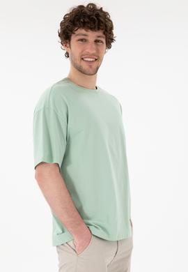 Erkek Oversize Fit Bisiklet Yaka Su Yeşili Tişört - 50305859107