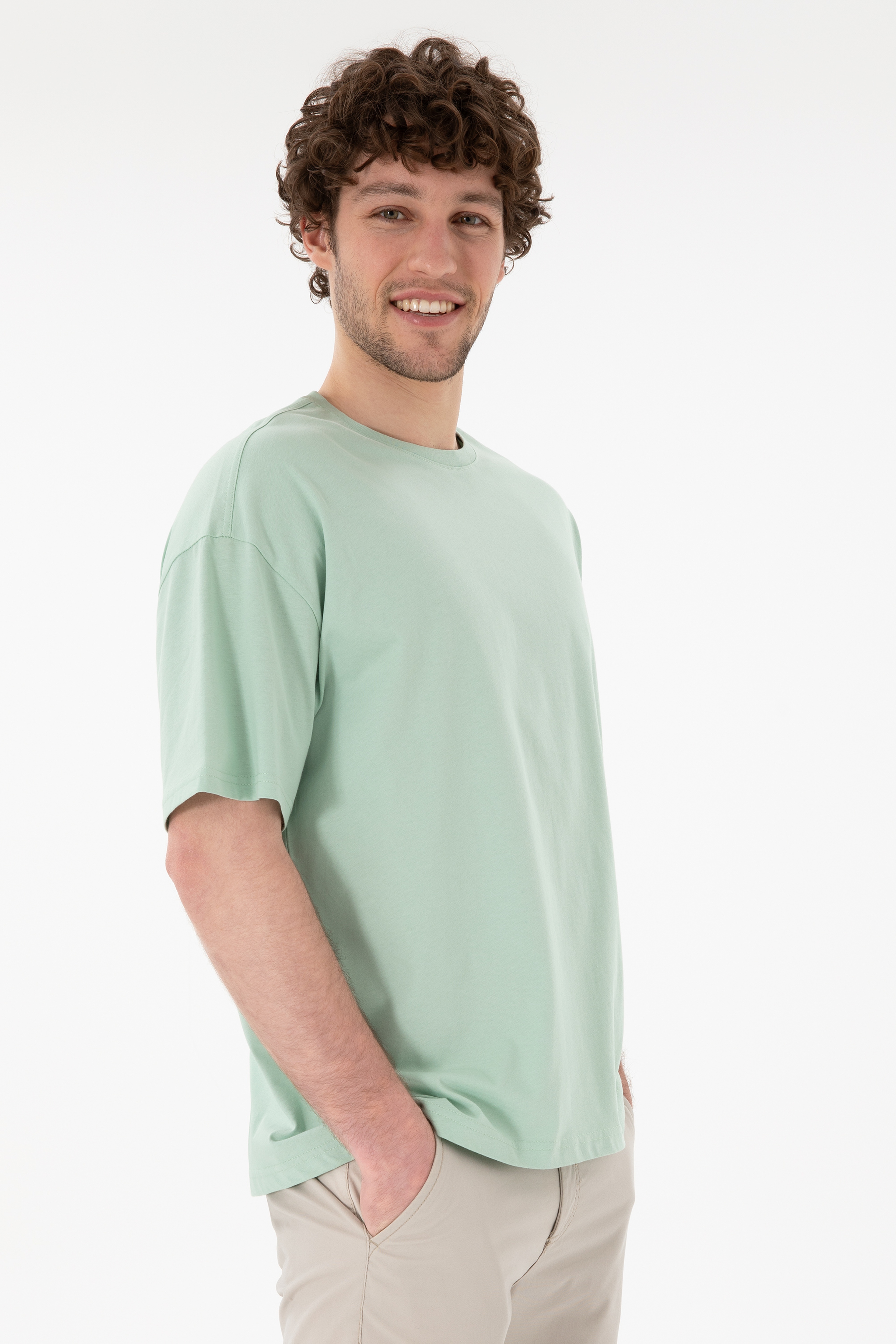 Erkek Oversize Fit Bisiklet Yaka Su Yeşili Tişört - Image 2