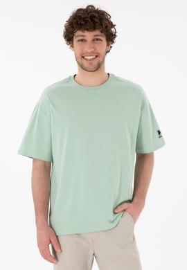 Erkek Oversize Fit Bisiklet Yaka Su Yeşili Tişört - 50305859107