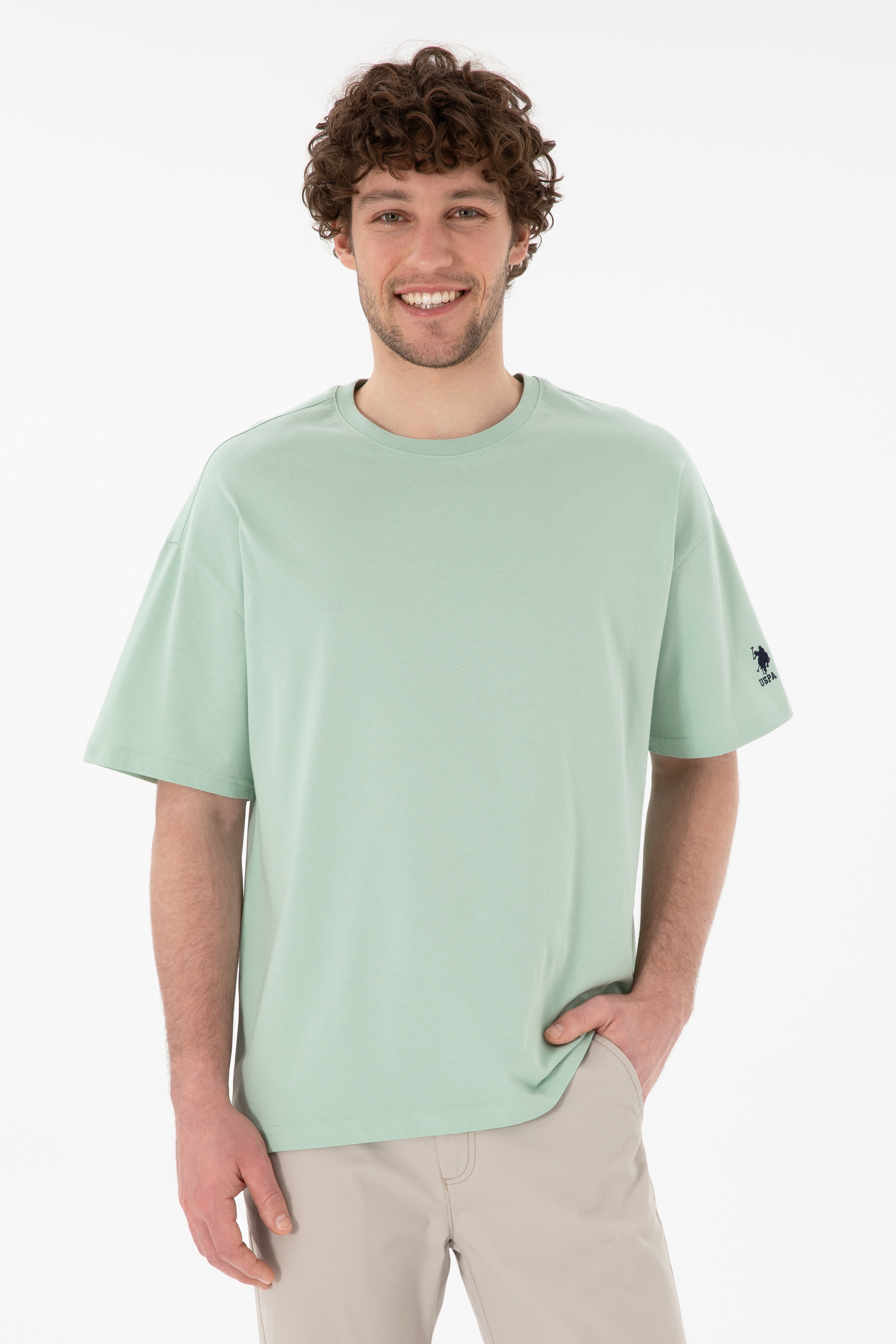 Erkek Oversize Fit Bisiklet Yaka Su Yeşili Tişört