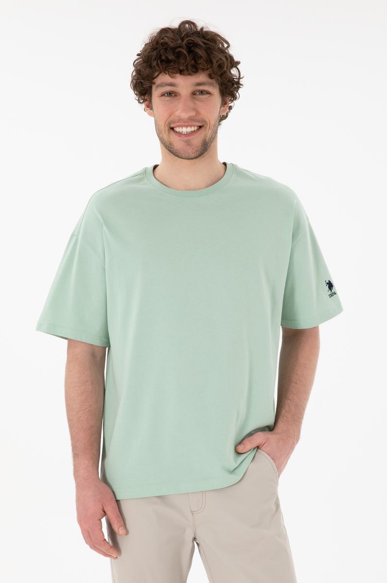 Erkek Oversize Fit Bisiklet Yaka Su Yeşili Tişört