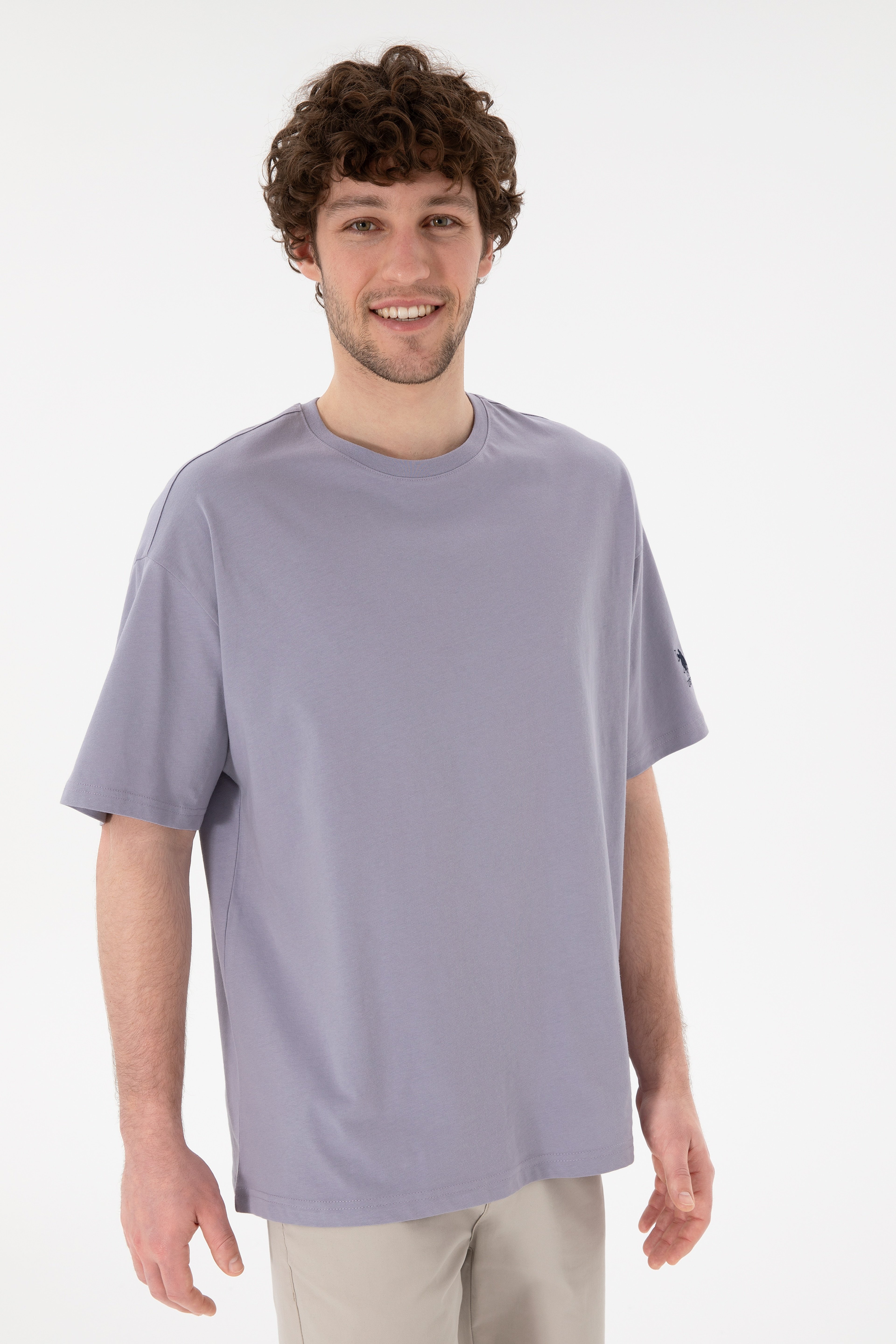 Erkek Oversize Fit Bisiklet Yaka Gri Tişört - Image 2