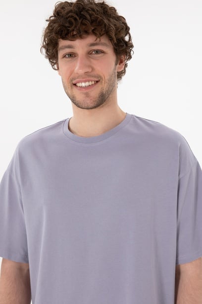 Erkek Oversize Fit Bisiklet Yaka Gri Tişört