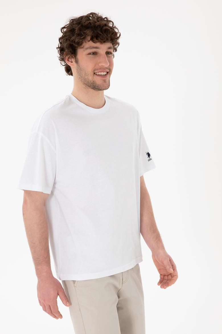 Erkek Oversize Fit Bisiklet Yaka Beyaz Tişört - 50305859007