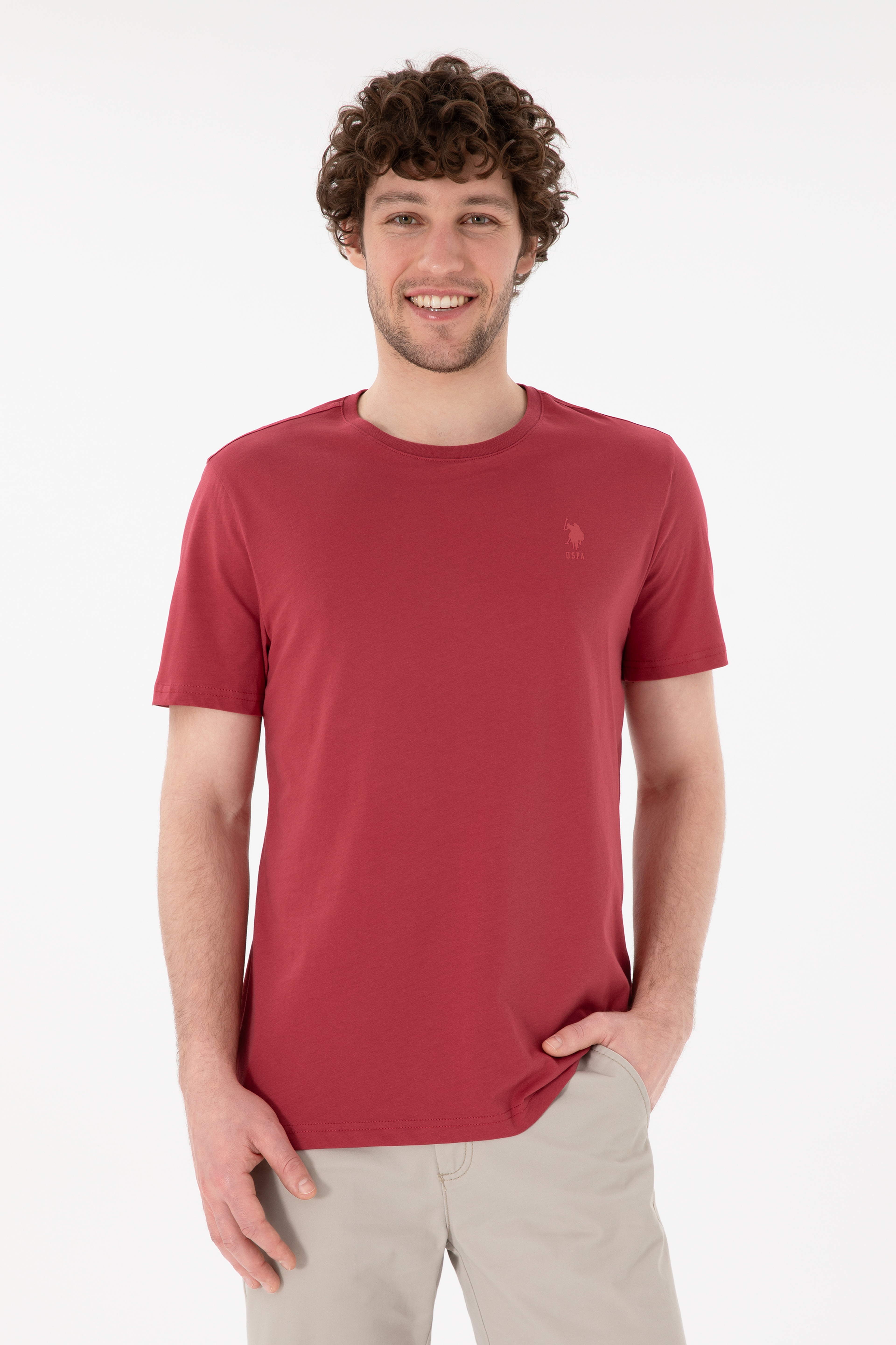 Erkek Regular Fit Bisiklet Yaka Vişne Basic Tişört - Image 1