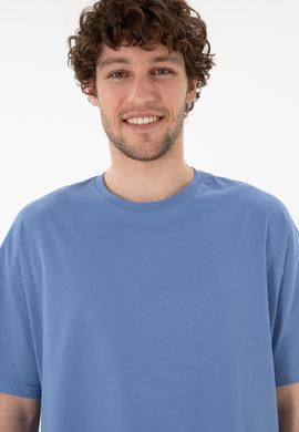 Erkek Oversize Fit Bisiklet Yaka Koyu Mavi Tişört - 50305859137