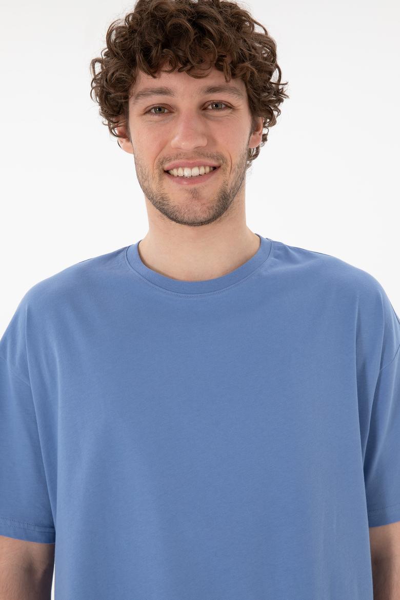 Erkek Oversize Fit Bisiklet Yaka Koyu Mavi Tişört - 50305859137