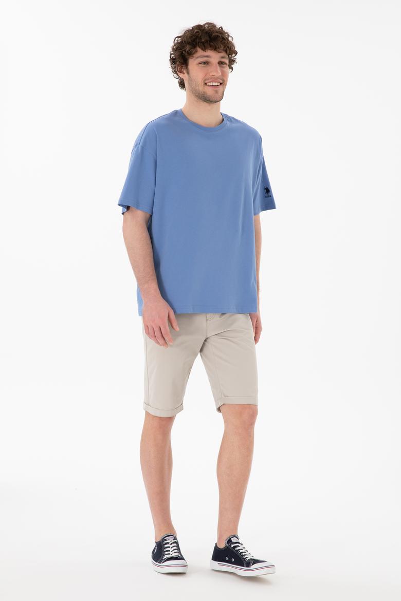 Erkek Oversize Fit Bisiklet Yaka Koyu Mavi Tişört - 50305859137