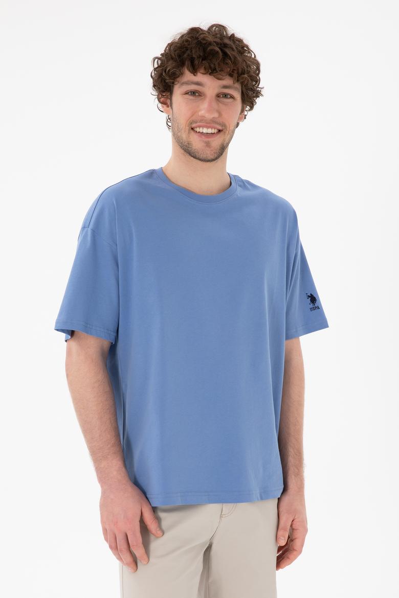 Erkek Oversize Fit Bisiklet Yaka Koyu Mavi Tişört - 50305859137