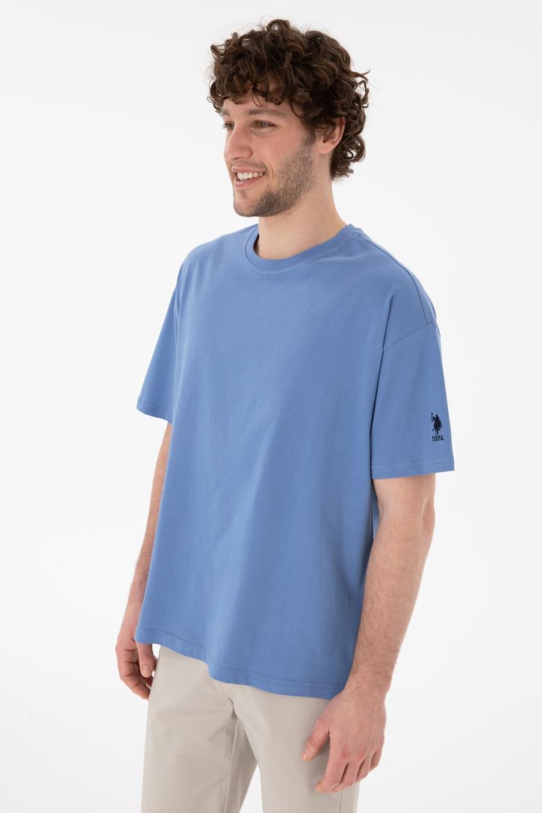 Erkek Oversize Fit Bisiklet Yaka Koyu Mavi Tişört - 50305859137