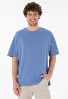 Erkek Oversize Fit Bisiklet Yaka Koyu Mavi Tişört - 50305859137