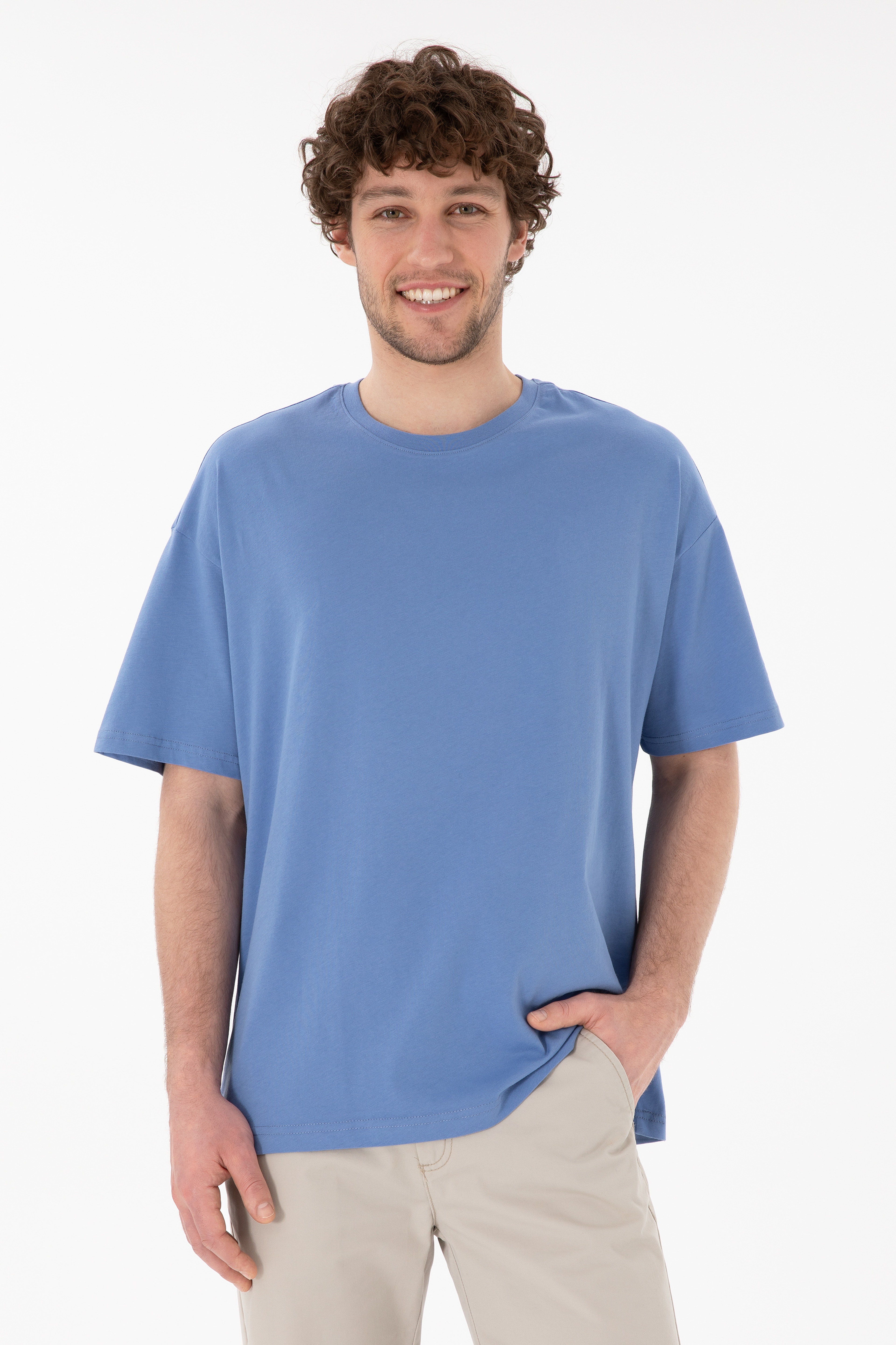 Erkek Oversize Fit Bisiklet Yaka Koyu Mavi Tişört - Image 1