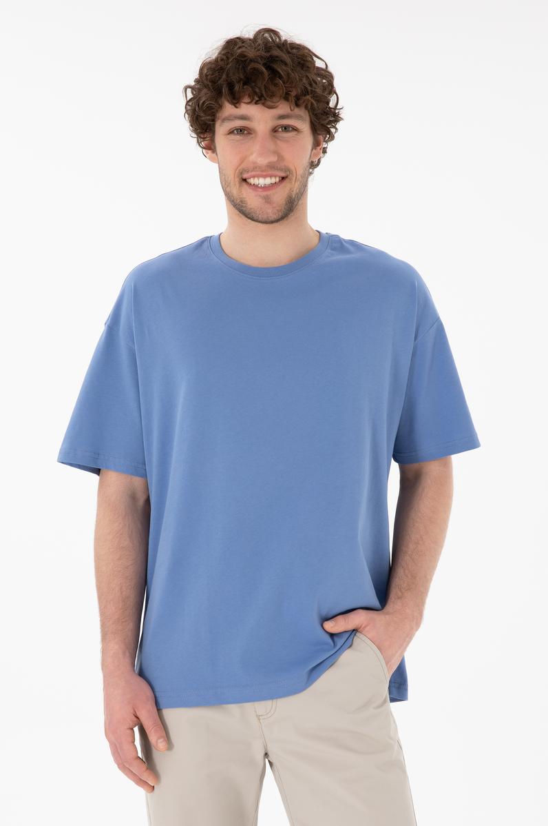 Erkek Oversize Fit Bisiklet Yaka Koyu Mavi Tişört